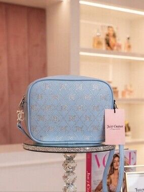 Juicy Couture Pastel Blue Crystal Logo Crossbody Shoulder Faux Leather Bag
